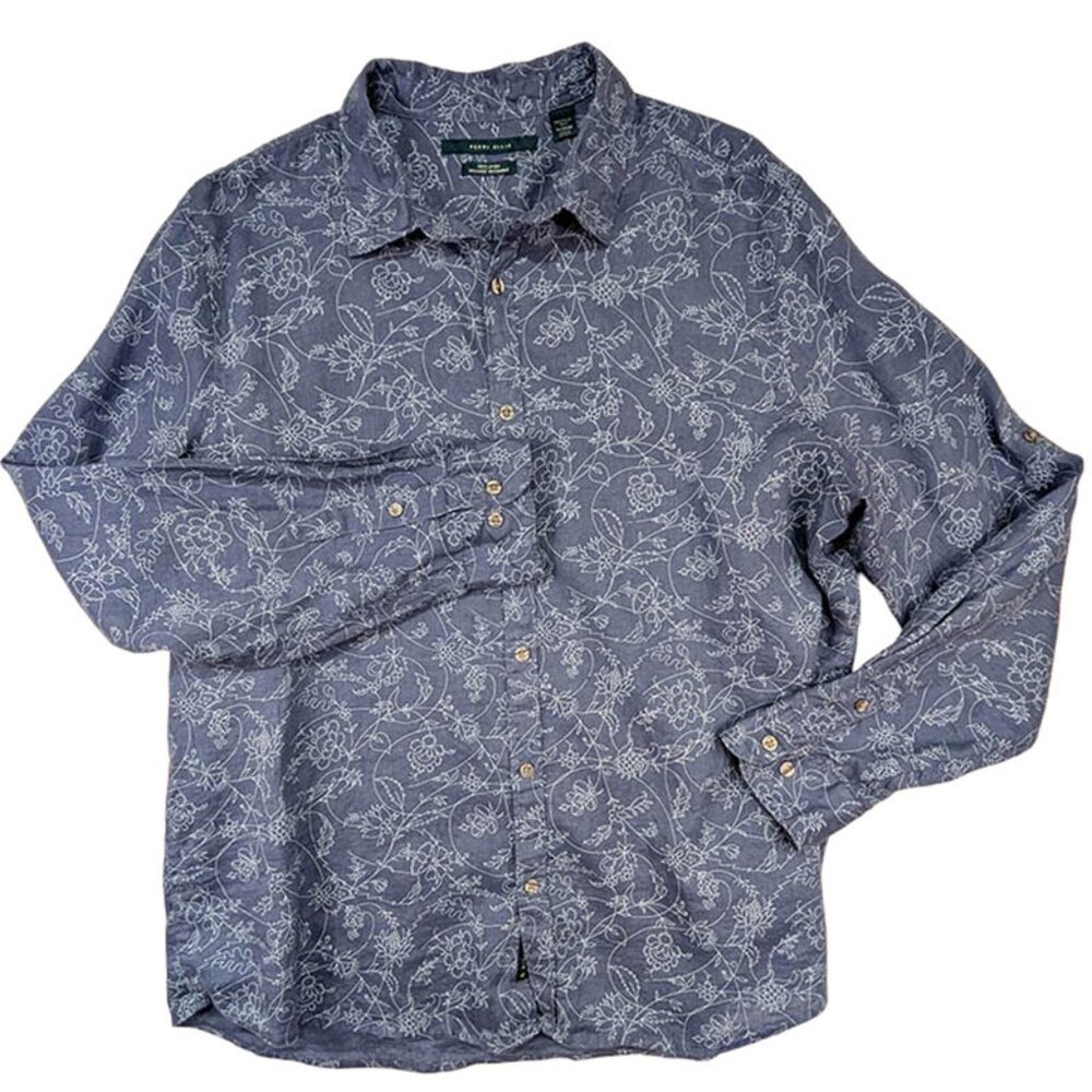 Perry Ellis Button‎ Up Shirt Mens XL 100% Linen Blue Coastal Grandpa Resort Boho